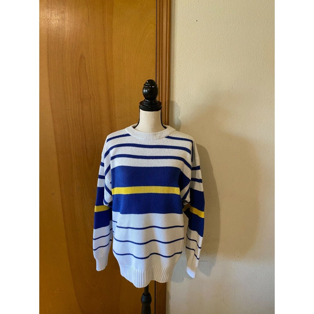 American Weekend Adult M White Bold Blue Yellow Stripe Cotton Pullover Sweater